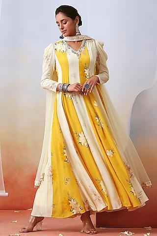 multi-coloured printed & embellished anarkali set