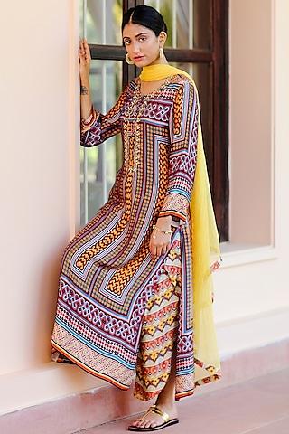multi-coloured printed & embroidered kurta set