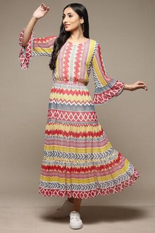 multi-coloured printed boat neck casual maxi full sleeves women tiered fit dress