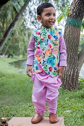 multi-coloured printed bundi jacket with kurta set for boys