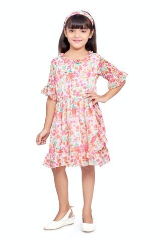 multi-coloured printed casual 3/4th sleeves round neck girls regular fit frock