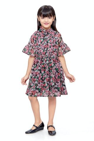 multi-coloured printed casual elbow sleeves round neck girls regular fit frock