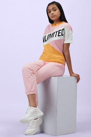 multi-coloured printed casual half sleeves regular hood girls regular fit t-shirt