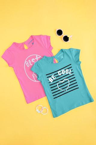 multi-coloured printed casual half sleeves round neck girls regular fit t-shirt