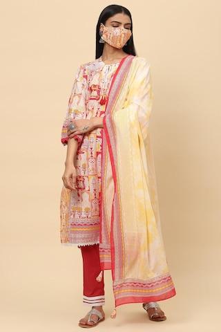 multi-coloured printed casual round neck 3/4th sleeves ankle-length women straight fit pant kurta dupatta set