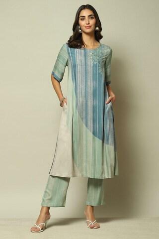 multi-coloured printed casual round neck 3/4th sleeves ankle-length women straight fit pant kurta set