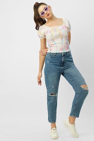 multi-coloured printed casual short sleeves square neck women slim fit top