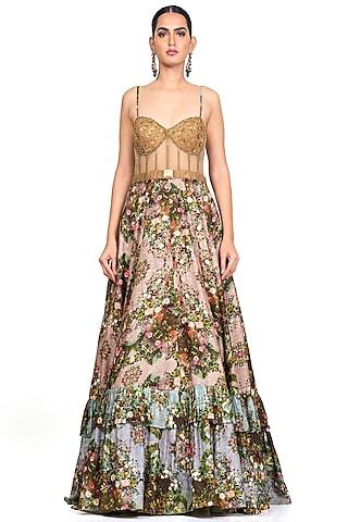 multi-coloured printed corset gown