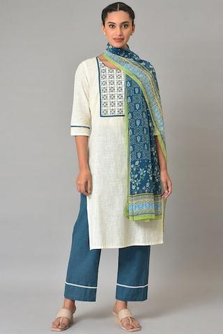 multi-coloured printed ethnic round neck 3/4th sleeves ankle-length women regular fit salwar kurta dupatta set