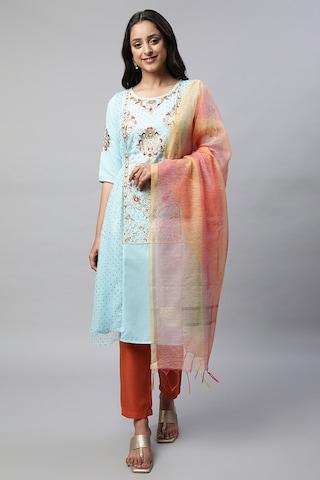 multi-coloured printed ethnic round neck 3/4th sleeves ankle-length women regular fit salwar kurta dupatta set