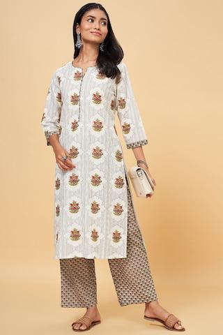 multi-coloured printed ethnic round neck 3/4th sleeves calf-length women regular fit kurta pant set