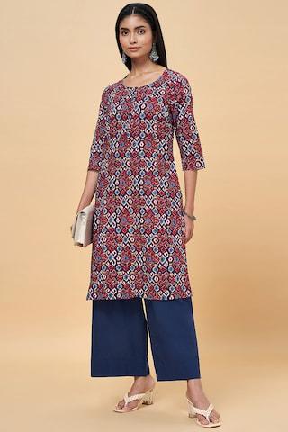 multi-coloured printed ethnic round neck 3/4th sleeves knee length women regular fit kurta pant set