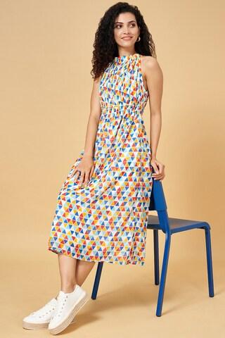 multi-coloured printed halter neck casual maxi sleeveless women flared fit dress