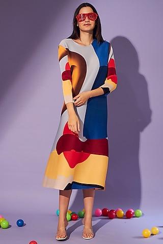 multi-coloured printed midi dress