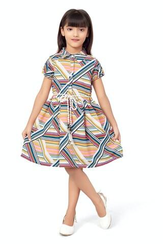 multi-coloured printed regular collar casual knee length short sleeves girls regular fit dress