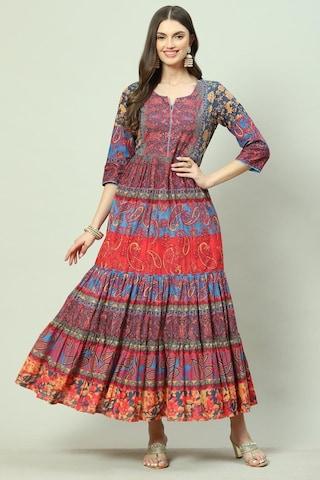 multi-coloured printeded round neck casual ankle-length 3/4th sleeves women flared fit dress