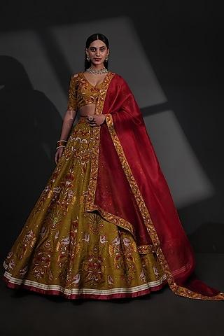 multi-coloured pure tussar silk embroidered lehenga set