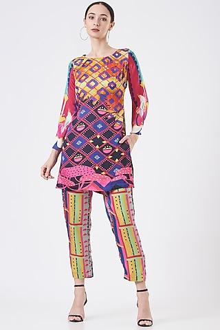 multi-coloured satin silk tunic set