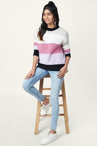 multi-coloured stripe casual full sleeves round neck women comfort fit sweater