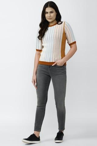 multi-coloured stripe casual half sleeves round neck women regular fit top