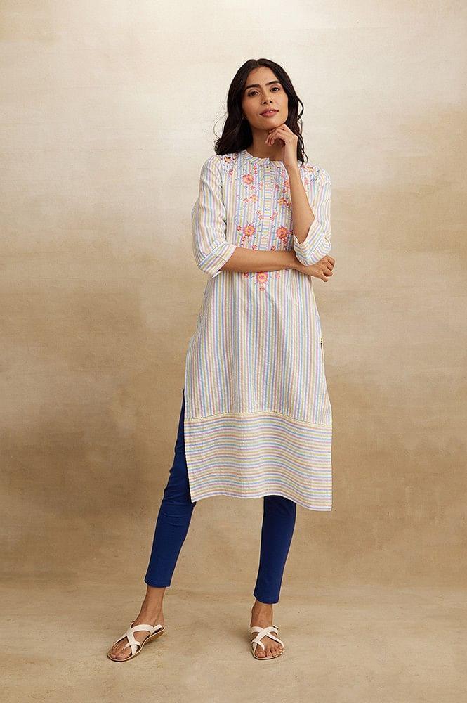 multi-coloured stripe printed embroidered kurta