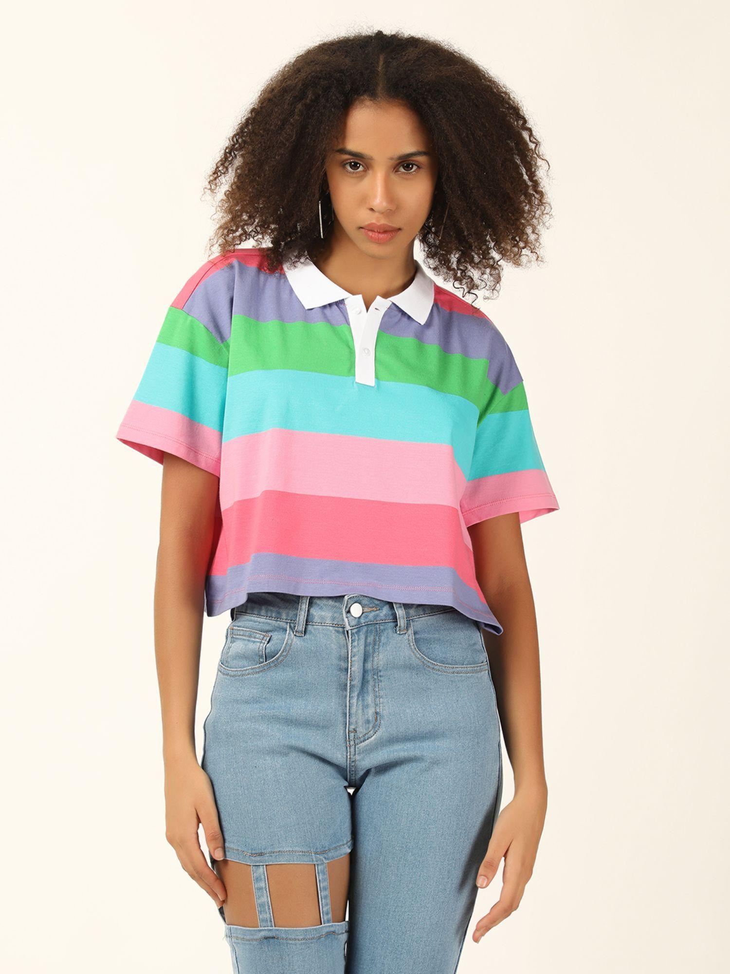 multi coloured striped crop tshirt