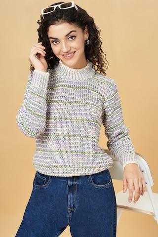 multi-coloured textured casual full sleeves high neck women slim fit  sweater