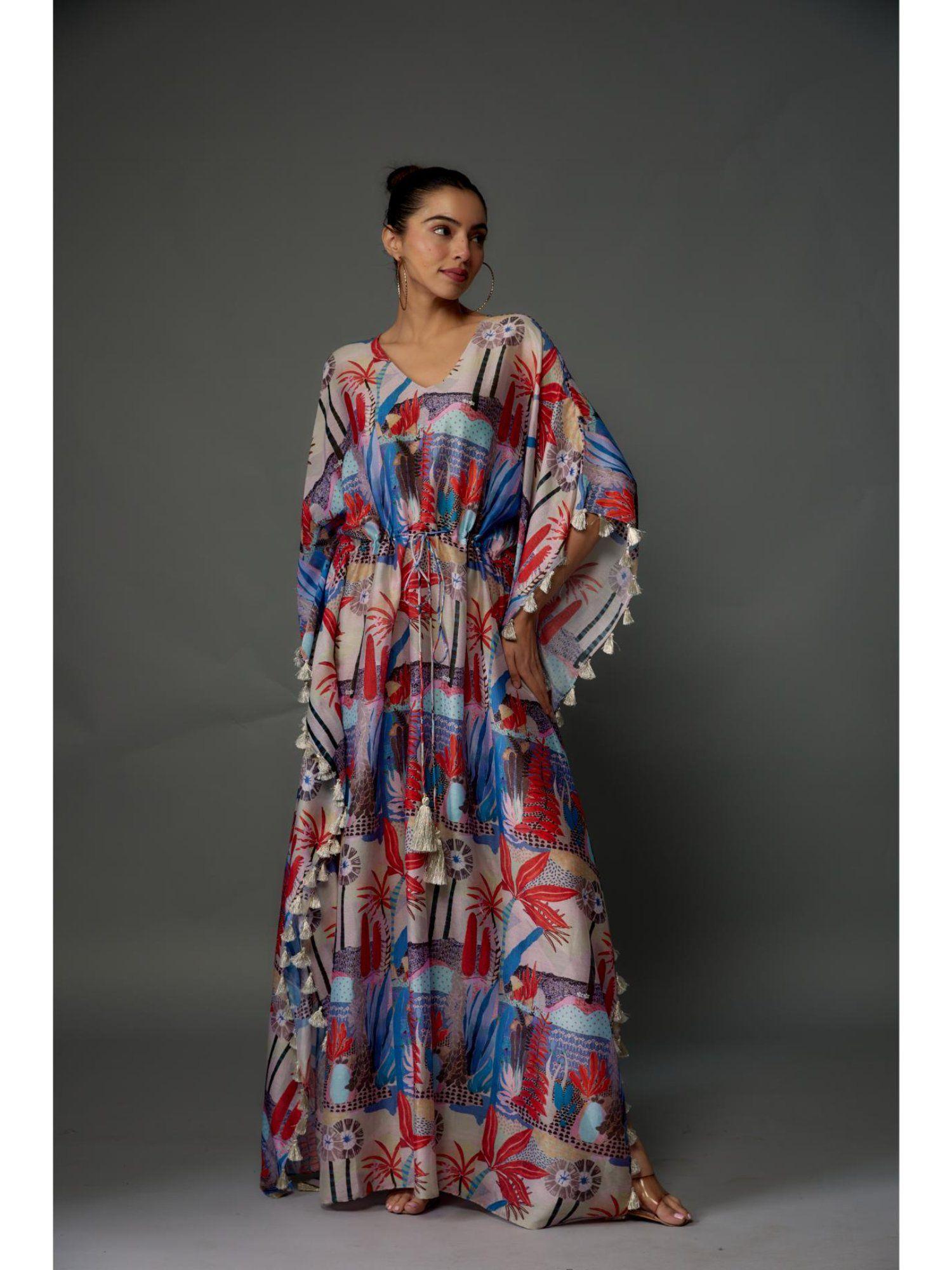 multi coloured tropical print kaftan with tassels