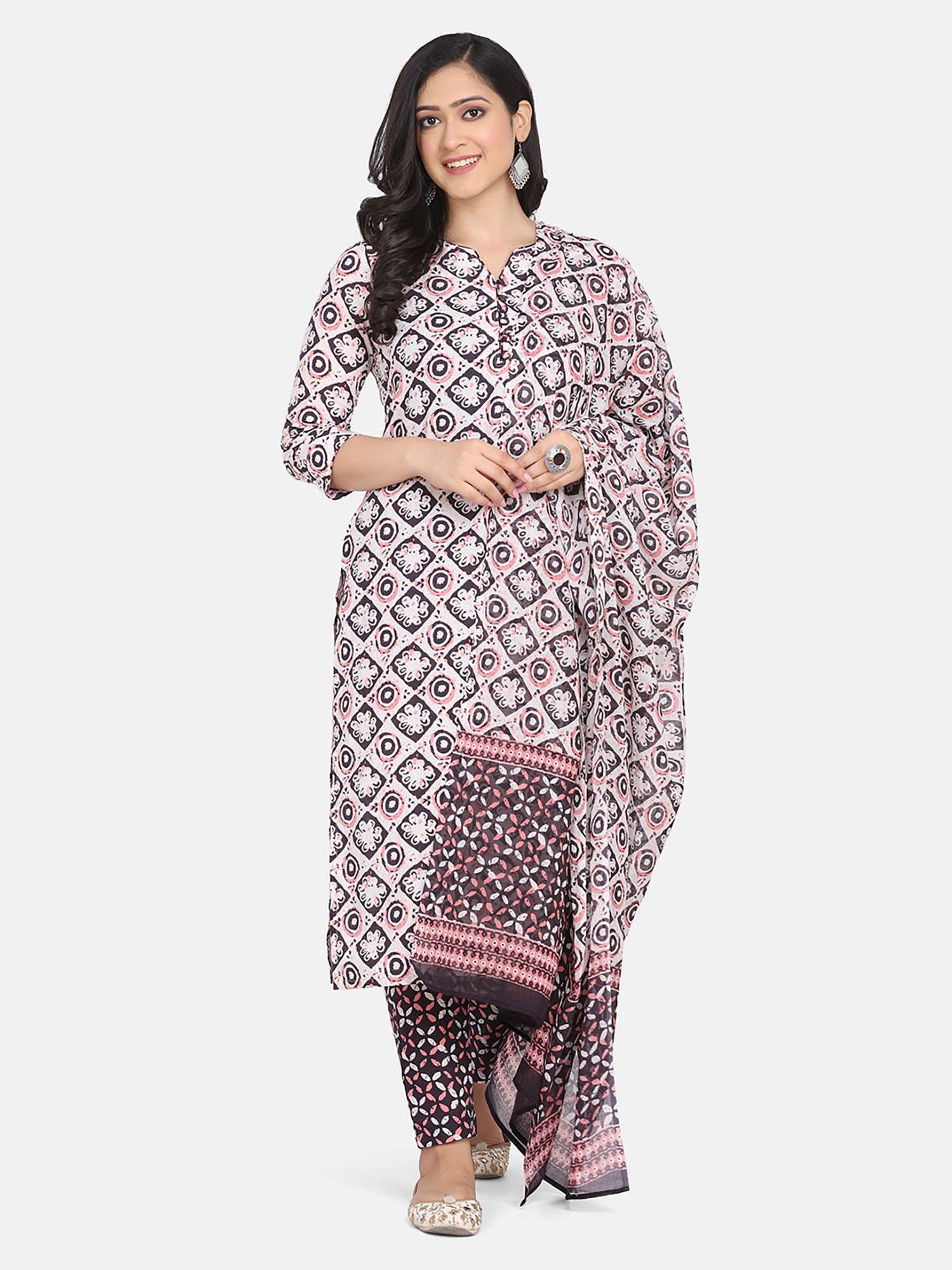 multi cotton ethnic motif printed kurta pants with dupatta for women (set of 3)