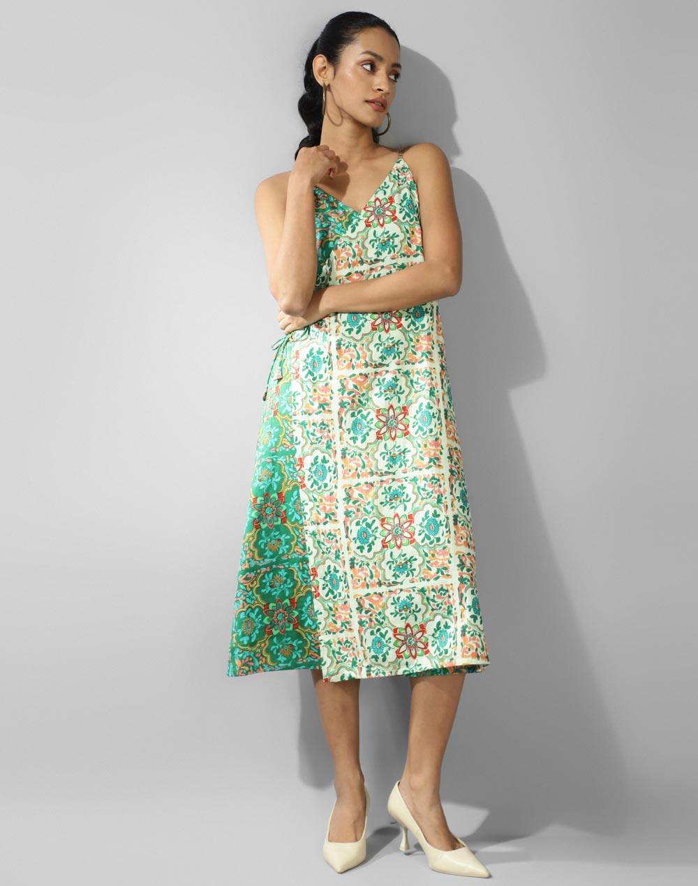 multi cotton linen printed midi dress