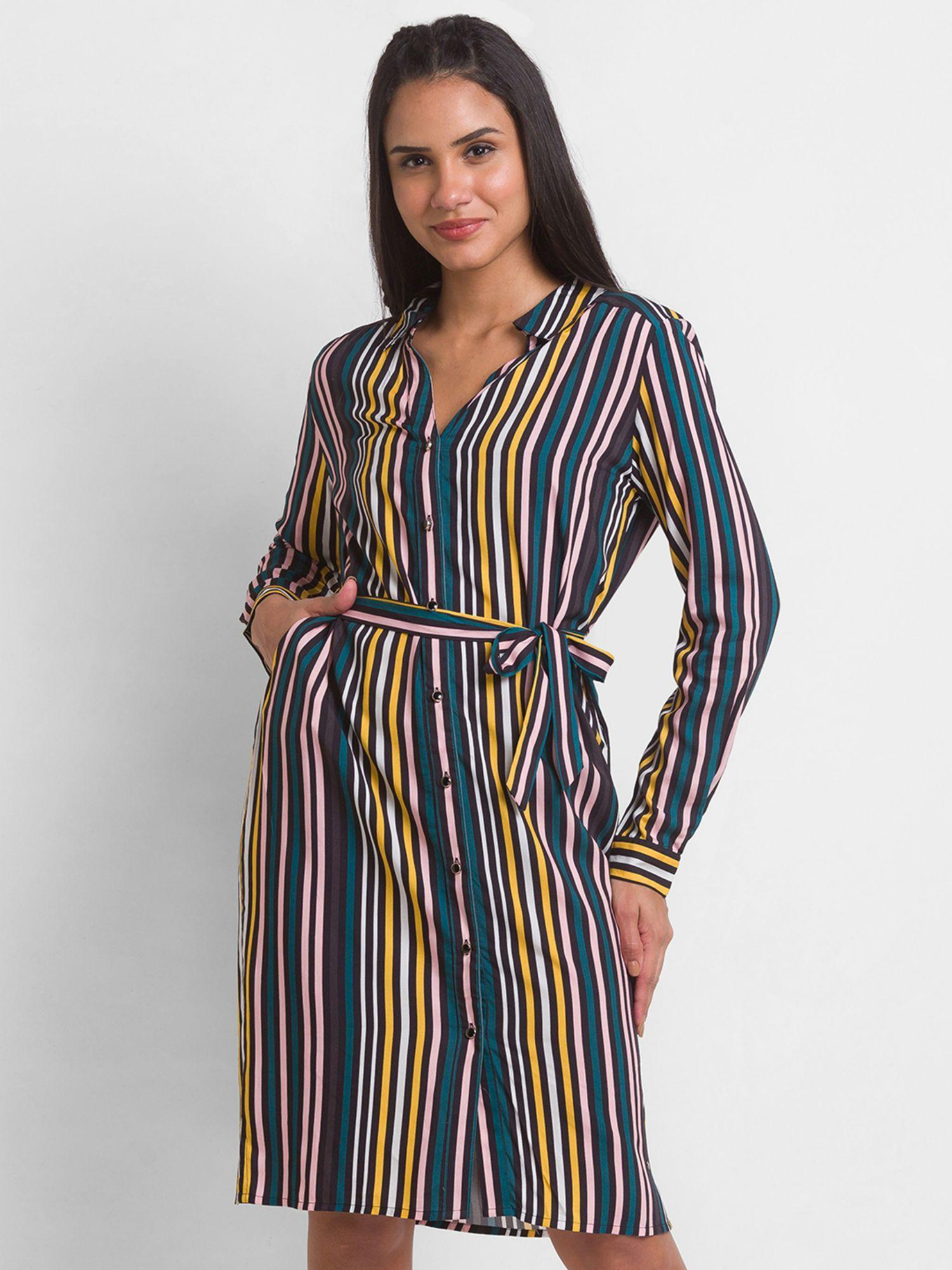 multi cotton regular fit stripes dress for women