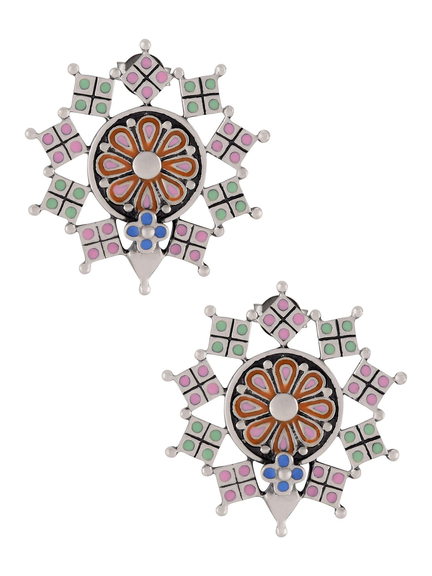 multi enamel flower square charm chandrika ear studs