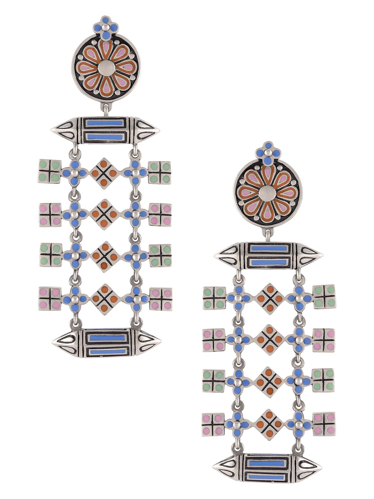 multi enamel taveez chandrika square charm earrings