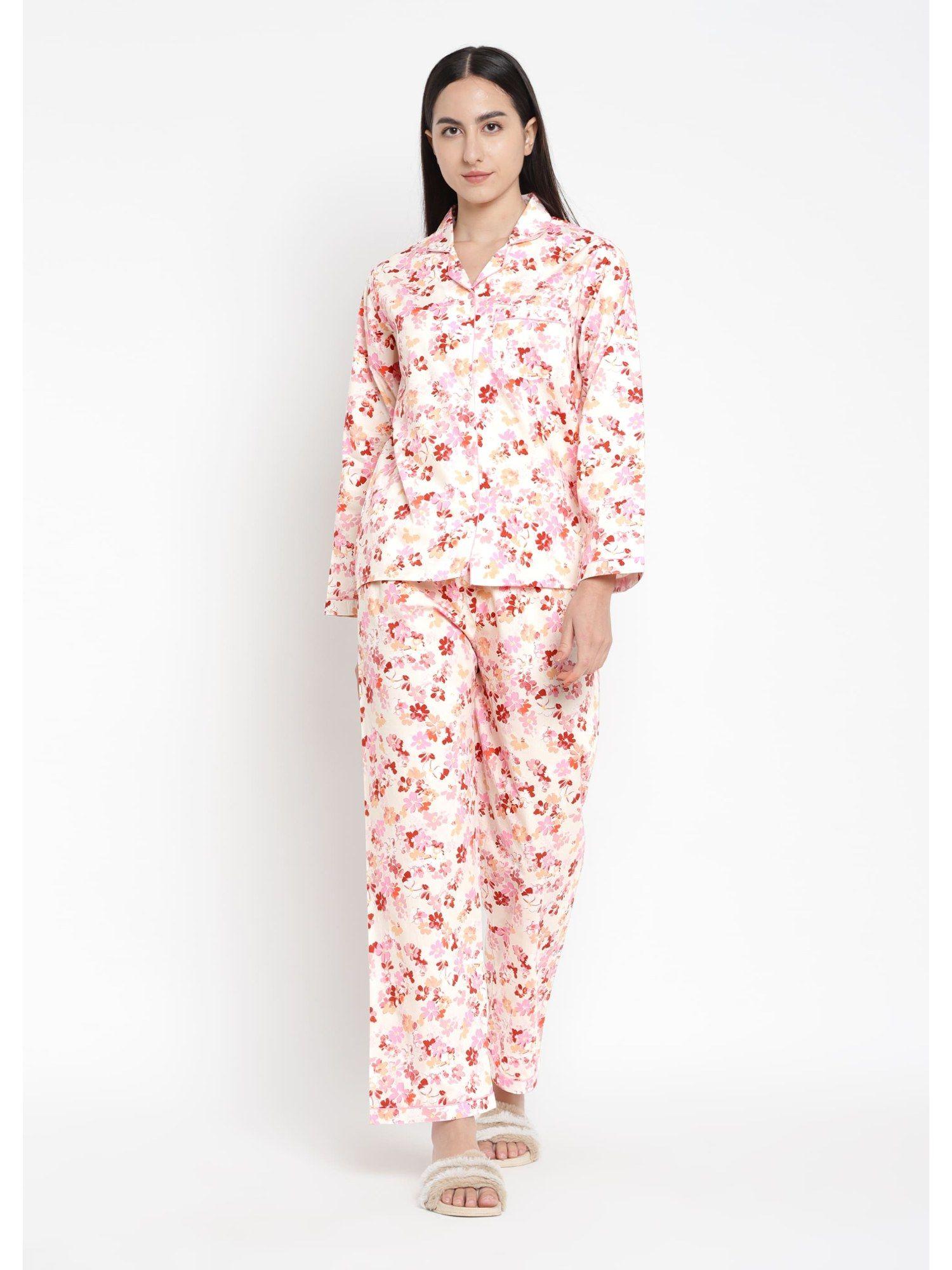 multi floral print long sleeve womens night suit (set of 2)
