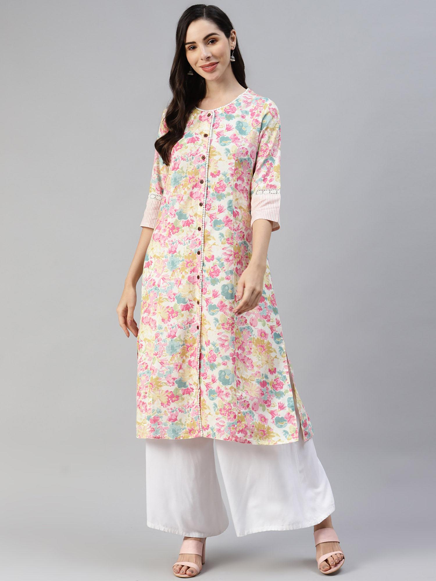 multi floral printed cotton flex a-line kurta