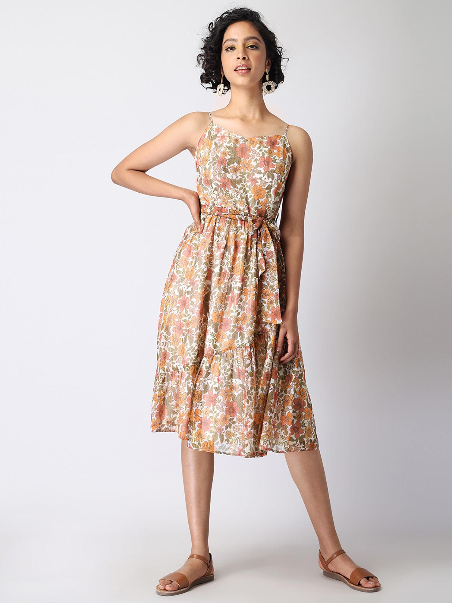 multi floral strappy asymmetric ruffle belted midi dress