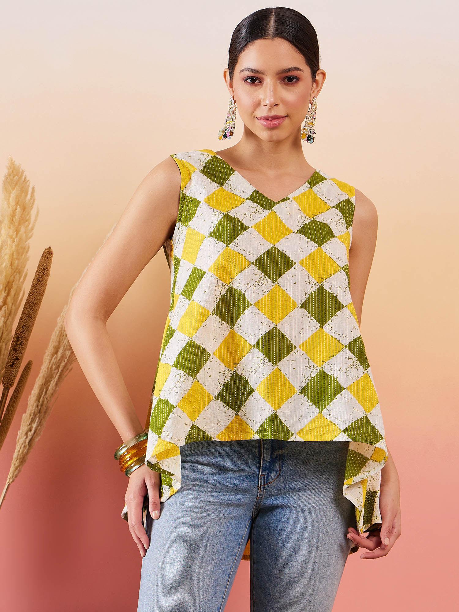 multi geometric print kantha v-neck ws top