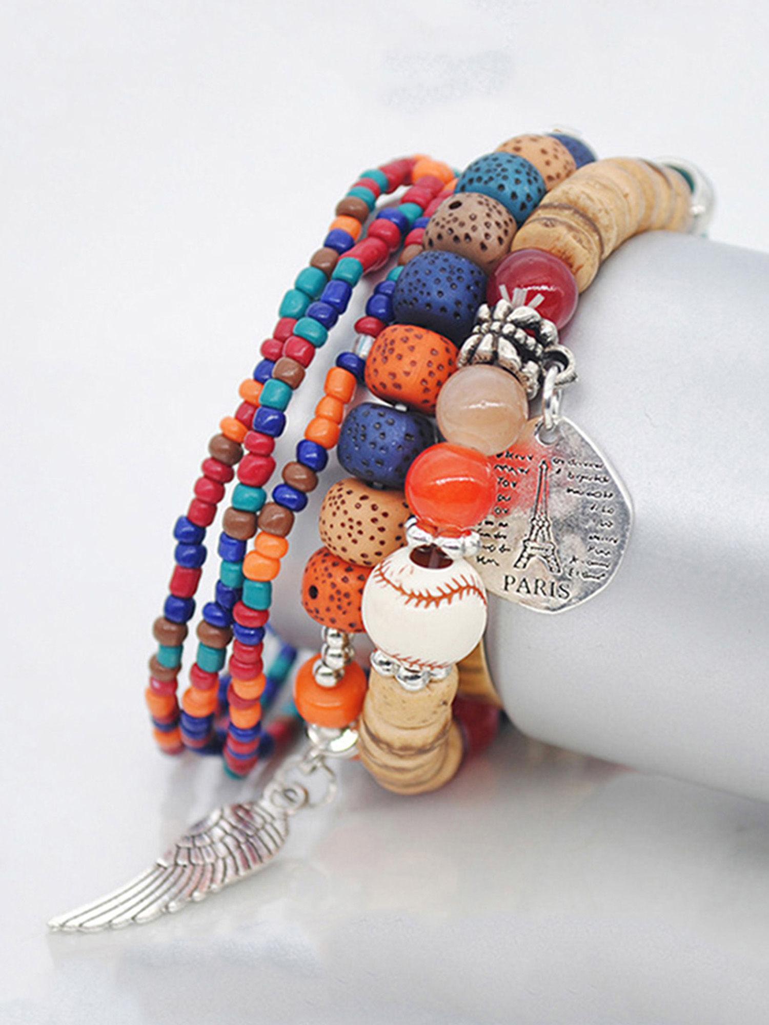 multi layer bohemia stone beads wrap elastic charm bracelet combo (pack of 5)