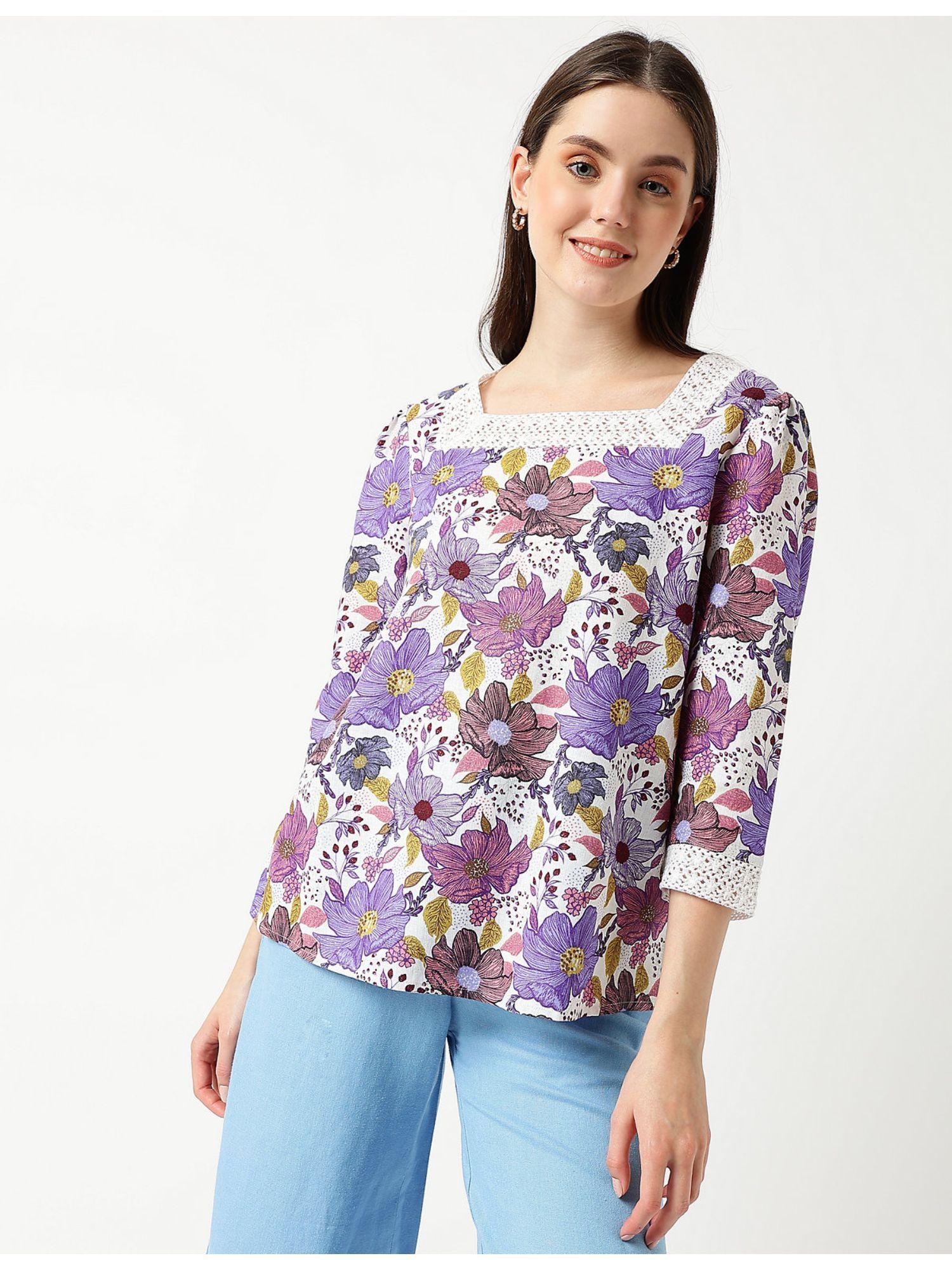 multi linen mix floral square neck top