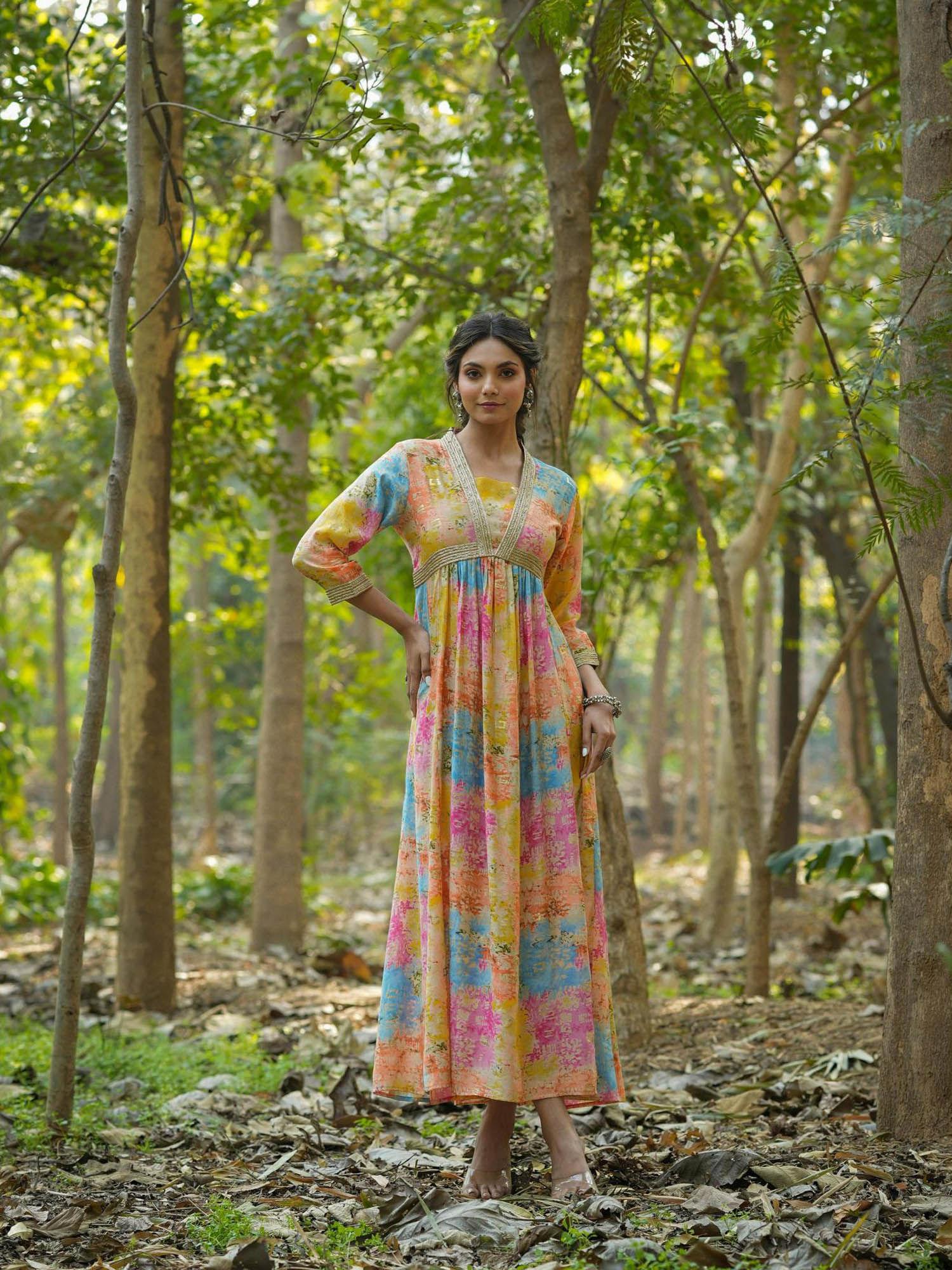multi mul cotton printed panelled ethnic dress