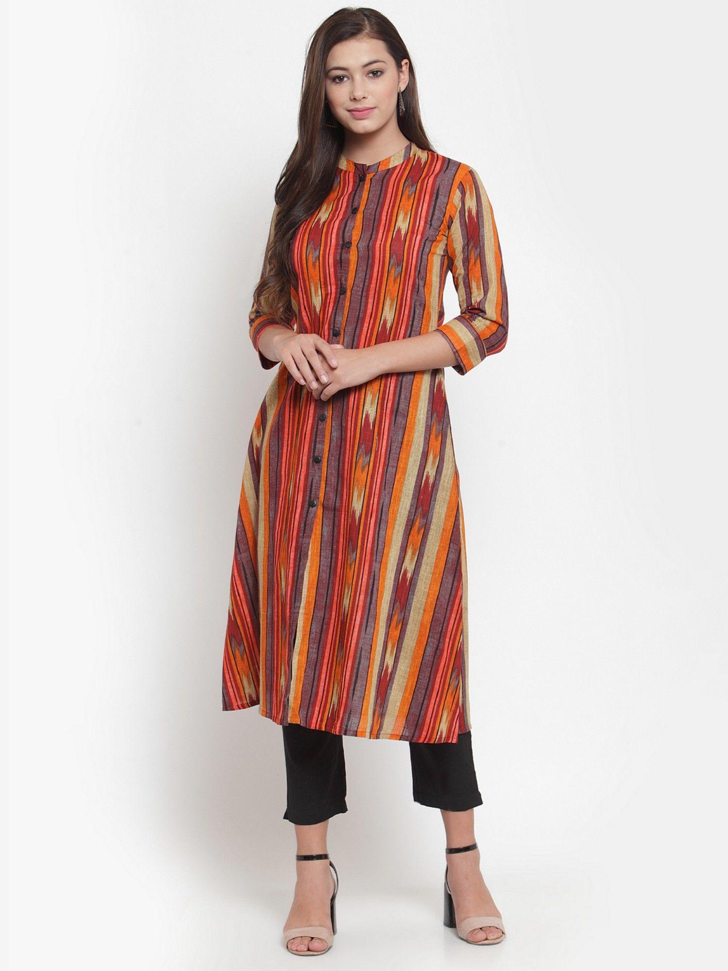 multi orange cotton printed a-line kurta