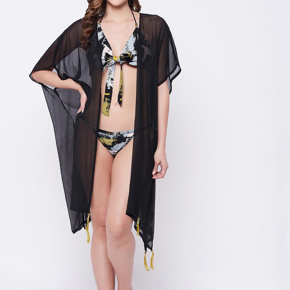 multi print halter neck bikini set with black cover up dress