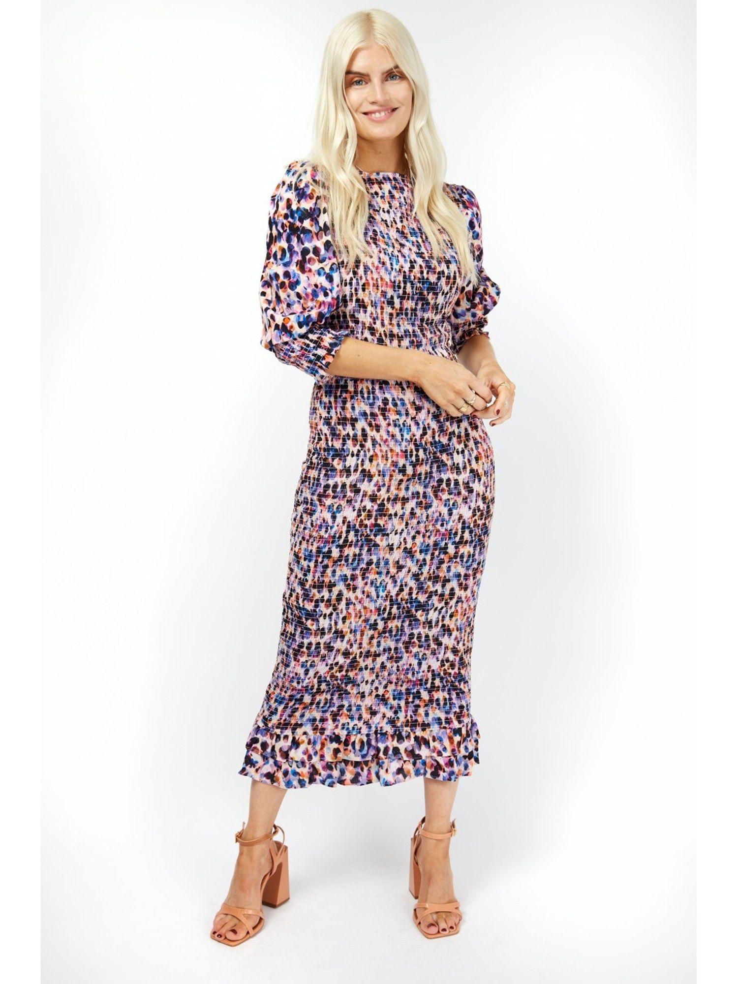 multi print shirred bodycon midi dress