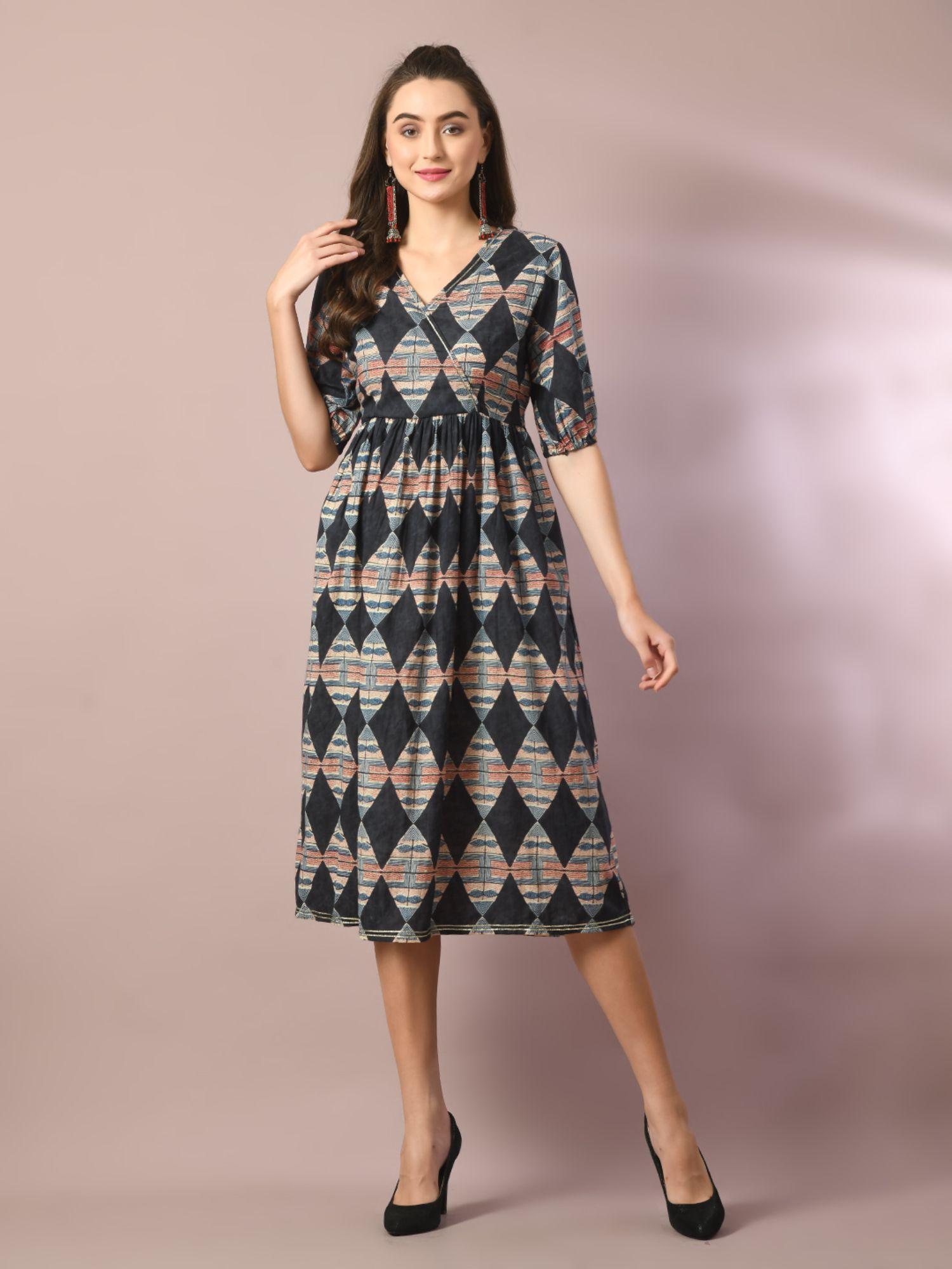 multi printed cotton v-neck empire party dress