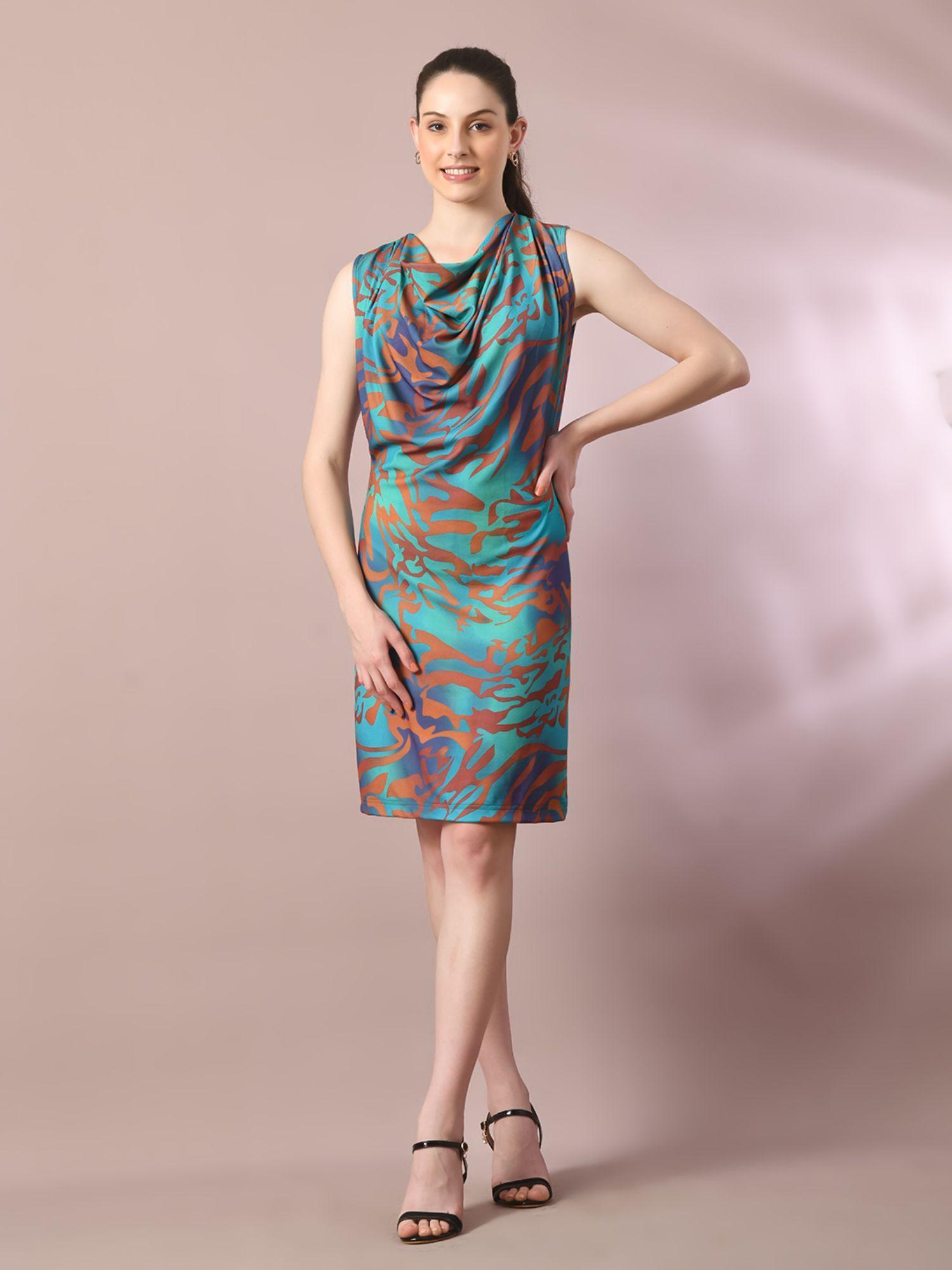 multi printed cowl neck bodycon party dress