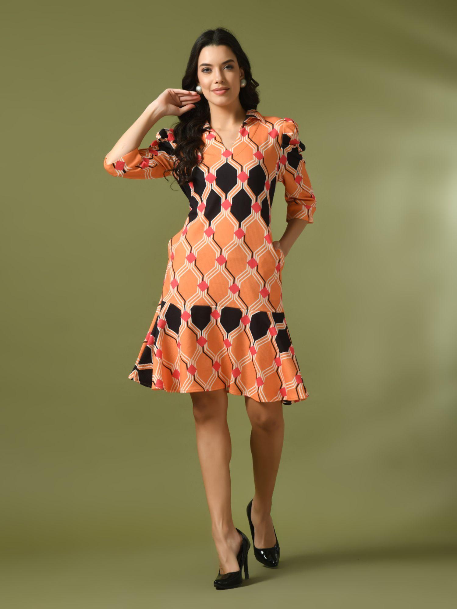 multi printed shirt collar fit and flare party dress