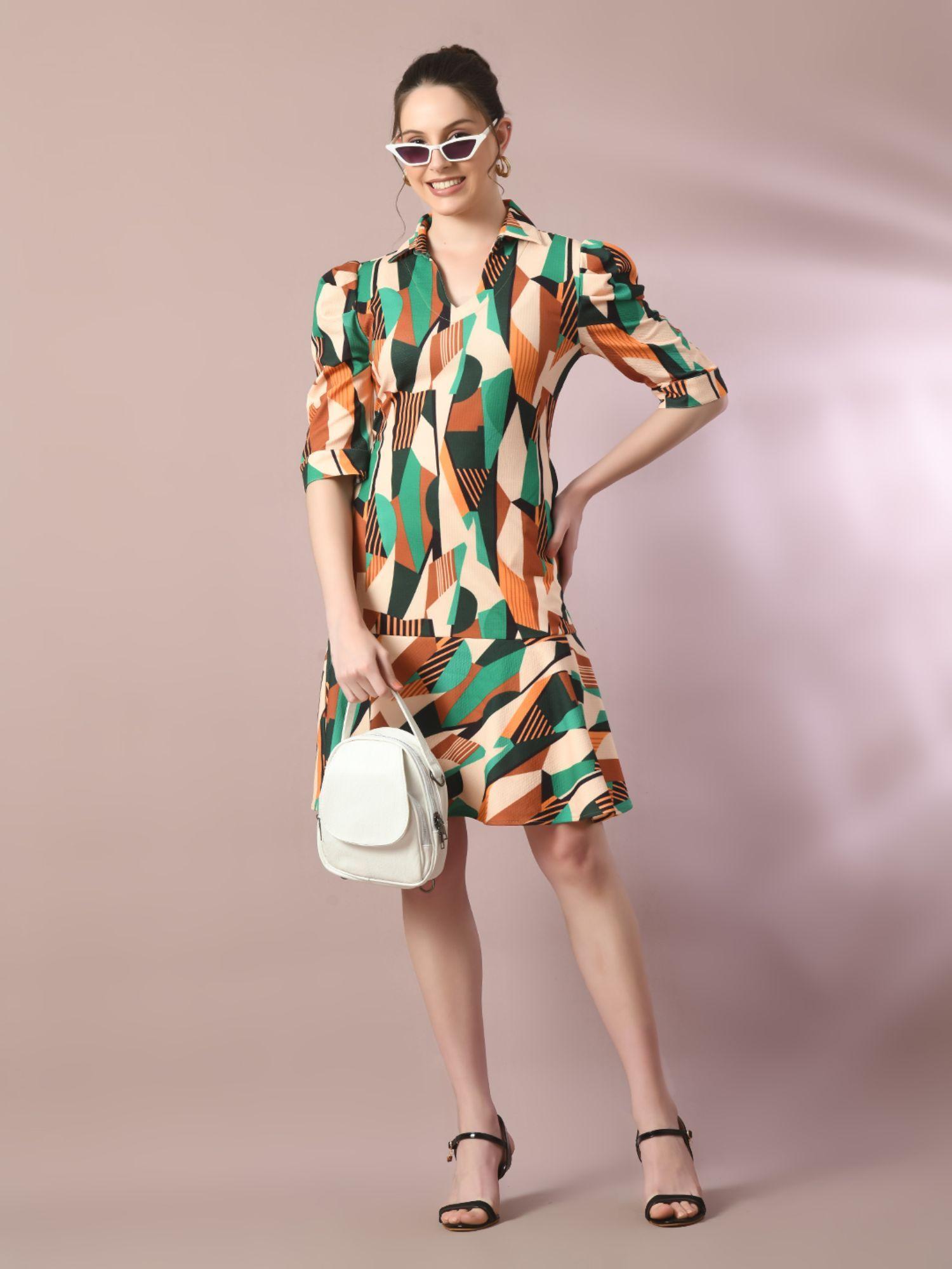 multi printed shirt collar fit and flare party dress