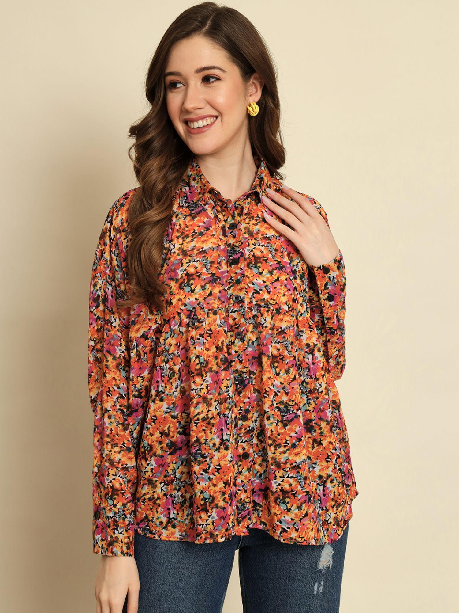 multi printed shirt style boxy top