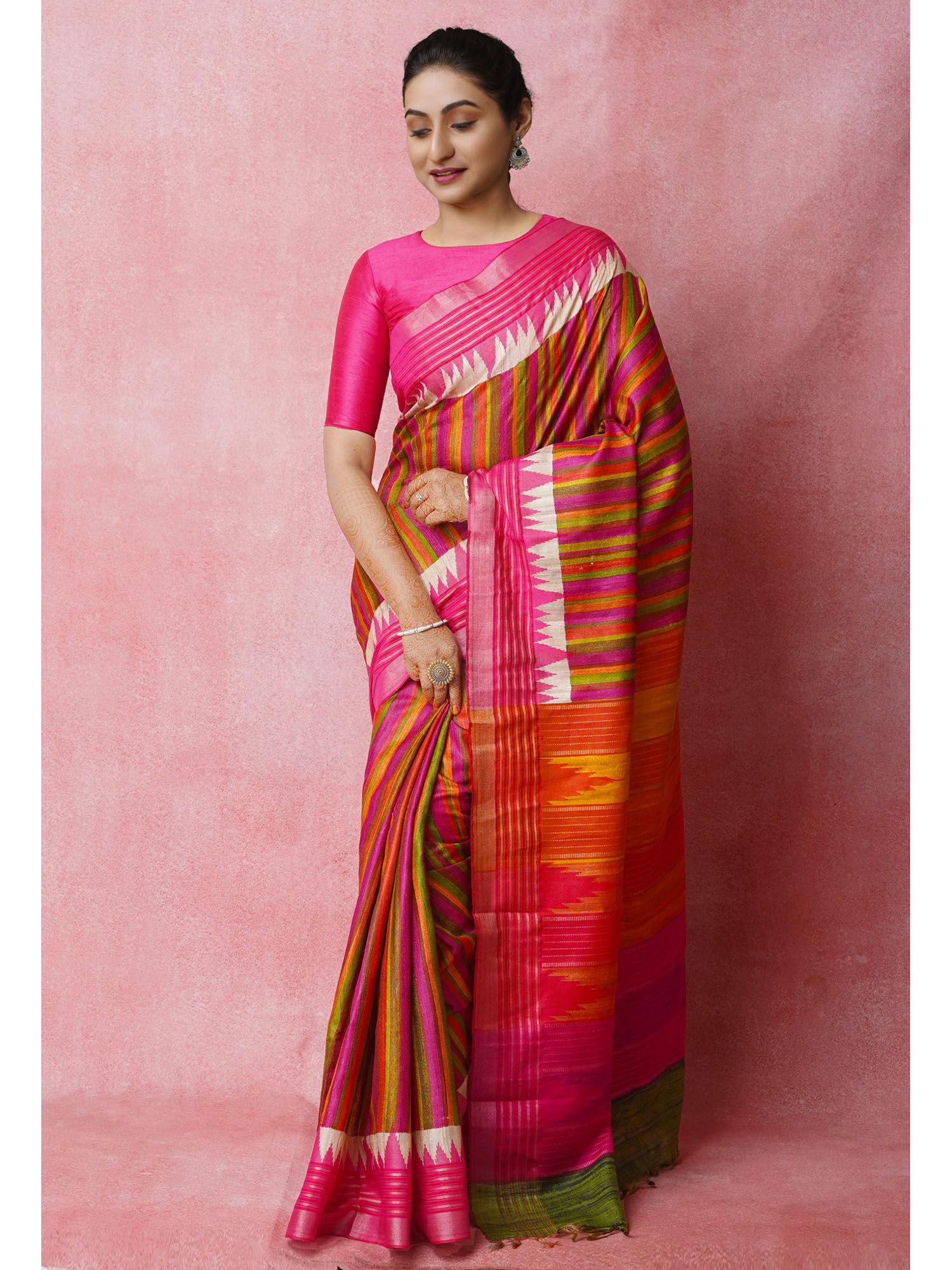 multi pure handloom printed vidarbha tussar jute saree with unstitched blouse