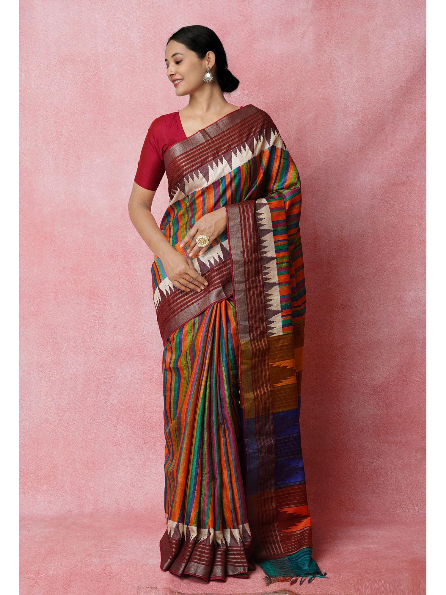 multi pure handloom printed vidarbha tussar jute saree with unstitched blouse